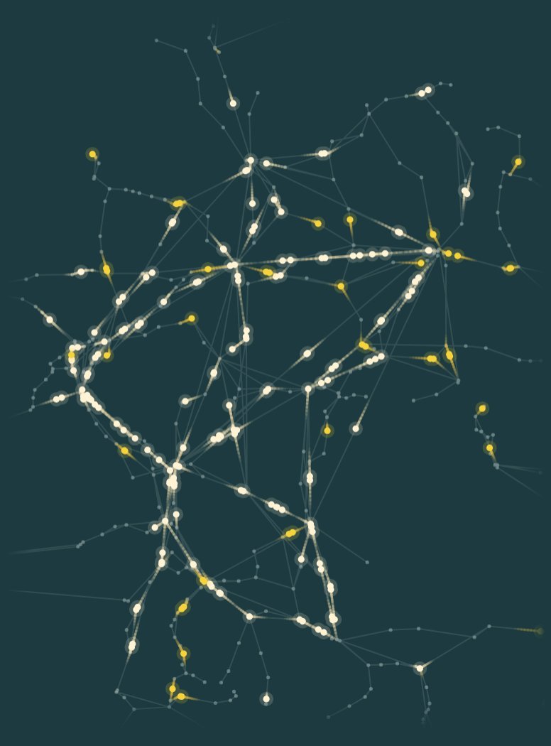 Karte Deutschlands um 18 Uhr: das Fernverkehrsnetz als feine Linien, darauf 243 Züge als Lichtpunkte mit Schweif. Öffnet den Zeitraffer.
