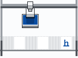 Eine kleine Stempelmaschine fährt den Stempel vom blauen Stempelkissen zu einem Blatt auf dem Förderband, stempelt ein blaues h auf eine Linie, und das Band taktet ein Blatt weiter.